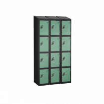 Nest of 3 Metal Storage Lockers | 4 Doors | 1780 x 305 x 305mm | Black Carcass | Jade Door | Cam Lock | Sloping Top | Probe