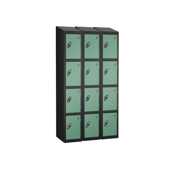 Nest of 3 Metal Storage Lockers | 4 Doors | 1780 x 305 x 305mm | Black Carcass | Jade Door | Cam Lock | Sloping Top | Probe