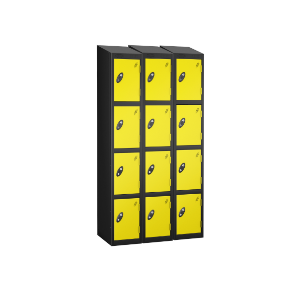 Nest of 3 Metal Storage Lockers | 4 Doors | 1780 x 305 x 305mm | Black Carcass | Lemon Door | Cam Lock | Sloping Top | Probe