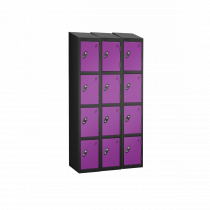 Nest of 3 Metal Storage Lockers | 4 Doors | 1780 x 305 x 305mm | Black Carcass | Lilac Door | Cam Lock | Sloping Top | Probe