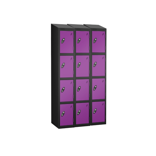 Nest of 3 Metal Storage Lockers | 4 Doors | 1780 x 305 x 305mm | Black Carcass | Lilac Door | Cam Lock | Sloping Top | Probe