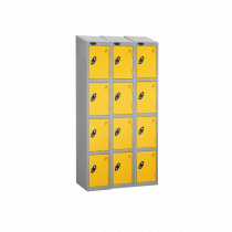 Nest of 3 Metal Storage Lockers | 4 Doors | 1780 x 305 x 305mm | Silver Carcass | Yellow Door | Cam Lock | Sloping Top | Probe