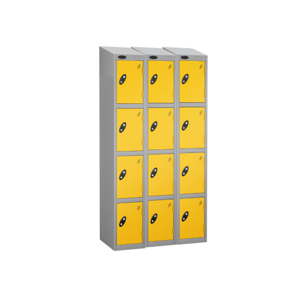 Nest of 3 Metal Storage Lockers | 4 Doors | 1780 x 305 x 305mm | Silver Carcass | Yellow Door | Cam Lock | Sloping Top | Probe