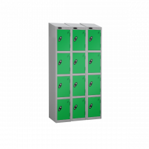 Nest of 3 Metal Storage Lockers | 4 Doors | 1780 x 305 x 305mm | Silver Carcass | Green Door | Cam Lock | Sloping Top | Probe