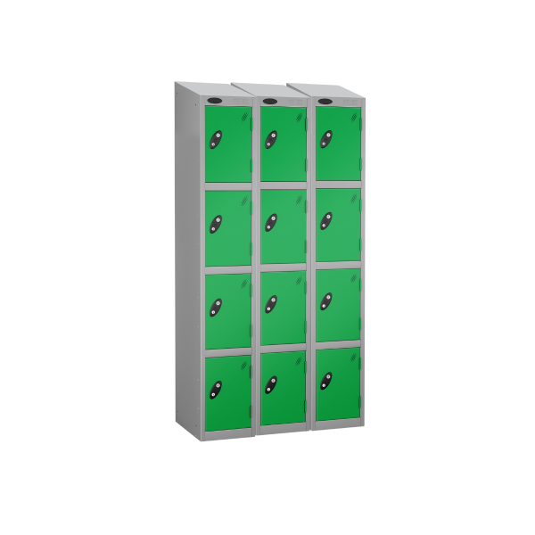 Nest of 3 Metal Storage Lockers | 4 Doors | 1780 x 305 x 305mm | Silver Carcass | Green Door | Cam Lock | Sloping Top | Probe