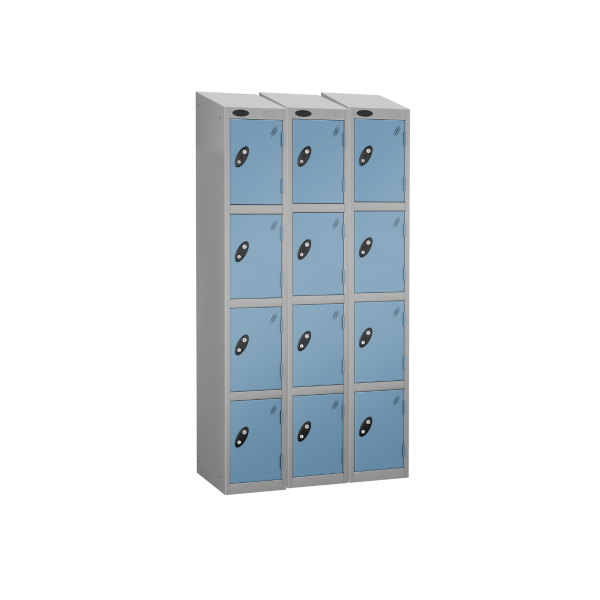 Nest of 3 Metal Storage Lockers | 4 Doors | 1780 x 305 x 305mm | Silver Carcass | Ocean Door | Cam Lock | Sloping Top | Probe