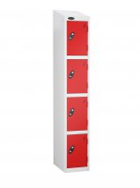 Single Metal Storage Locker | 4 Doors | 1780 x 305 x 380mm | White Carcass | Red Door | Cam Lock | Sloping Top | Probe