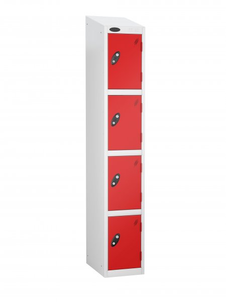 Single Metal Storage Locker | 4 Doors | 1780 x 305 x 380mm | White Carcass | Red Door | Cam Lock | Sloping Top | Probe