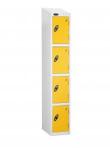 Single Metal Storage Locker | 4 Doors | 1780 x 305 x 380mm | White Carcass | Yellow Door | Cam Lock | Sloping Top | Probe