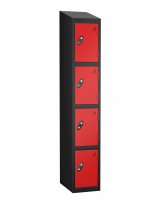 Single Metal Storage Locker | 4 Doors | 1780 x 305 x 380mm | Black Carcass | Red Door | Cam Lock | Sloping Top | Probe