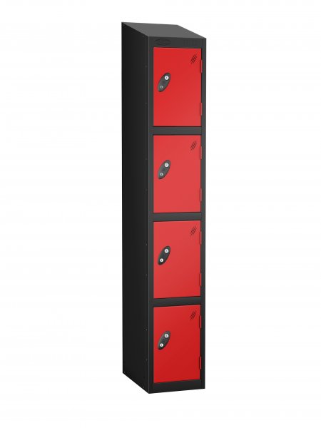 Single Metal Storage Locker | 4 Doors | 1780 x 305 x 380mm | Black Carcass | Red Door | Cam Lock | Sloping Top | Probe