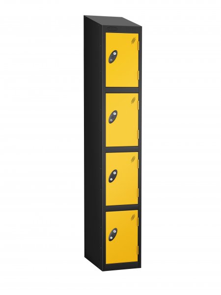 Single Metal Storage Locker | 4 Doors | 1780 x 305 x 380mm | Black Carcass | Yellow Door | Cam Lock | Sloping Top | Probe