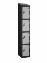 Single Metal Storage Locker | 4 Doors | 1780 x 305 x 380mm | Black Carcass | Silver Door | Cam Lock | Sloping Top | Probe