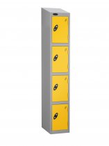 Single Metal Storage Locker | 4 Doors | 1780 x 305 x 380mm | Silver Carcass | Yellow Door | Cam Lock | Sloping Top | Probe