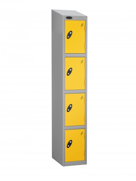 Single Metal Storage Locker | 4 Doors | 1780 x 305 x 380mm | Silver Carcass | Yellow Door | Cam Lock | Sloping Top | Probe