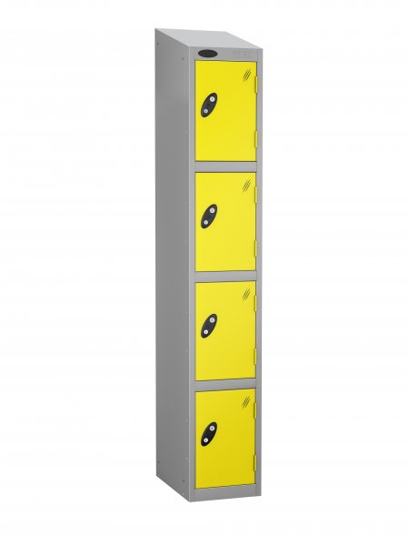 Single Metal Storage Locker | 4 Doors | 1780 x 305 x 380mm | Silver Carcass | Lemon Door | Cam Lock | Sloping Top | Probe