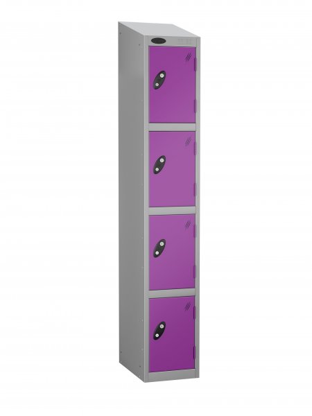 Single Metal Storage Locker | 4 Doors | 1780 x 305 x 380mm | Silver Carcass | Lilac Door | Cam Lock | Sloping Top | Probe