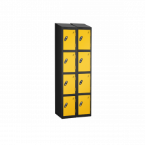 Nest of 2 Metal Storage Lockers | 4 Doors | 1780 x 305 x 380mm | Black Carcass | Yellow Door | Cam Lock | Sloping Top | Probe