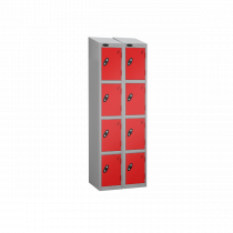 Nest of 2 Metal Storage Lockers | 4 Doors | 1780 x 305 x 380mm | Silver Carcass | Red Door | Cam Lock | Sloping Top | Probe