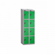 Nest of 2 Metal Storage Lockers | 4 Doors | 1780 x 305 x 380mm | Silver Carcass | Green Door | Cam Lock | Sloping Top | Probe