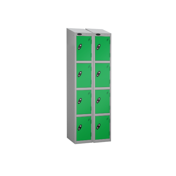 Nest of 2 Metal Storage Lockers | 4 Doors | 1780 x 305 x 380mm | Silver Carcass | Green Door | Cam Lock | Sloping Top | Probe