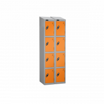 Nest of 2 Metal Storage Lockers | 4 Doors | 1780 x 305 x 380mm | Silver Carcass | Orange Door | Cam Lock | Sloping Top | Probe