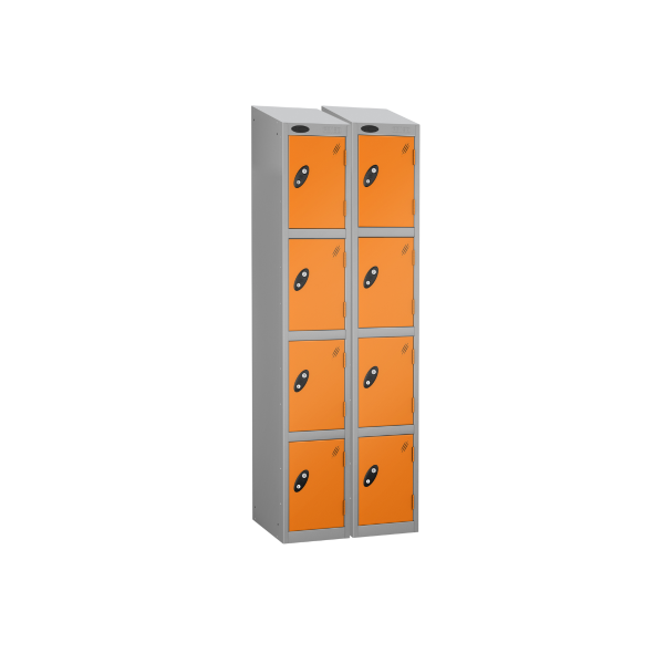 Nest of 2 Metal Storage Lockers | 4 Doors | 1780 x 305 x 380mm | Silver Carcass | Orange Door | Cam Lock | Sloping Top | Probe