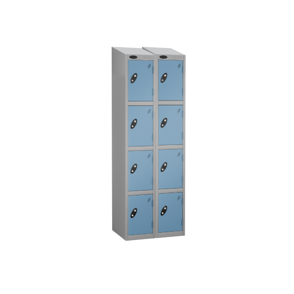 Nest of 2 Metal Storage Lockers | 4 Doors | 1780 x 305 x 380mm | Silver Carcass | Ocean Door | Cam Lock | Sloping Top | Probe