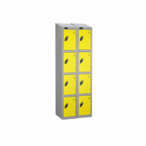 Nest of 2 Metal Storage Lockers | 4 Doors | 1780 x 305 x 380mm | Silver Carcass | Lemon Door | Cam Lock | Sloping Top | Probe