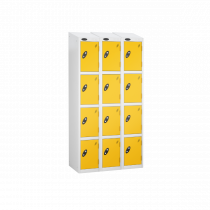 Nest of 3 Metal Storage Lockers | 4 Doors | 1780 x 305 x 380mm | White Carcass | Yellow Door | Cam Lock | Sloping Top | Probe