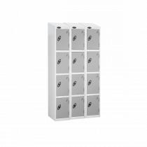 Nest of 3 Metal Storage Lockers | 4 Doors | 1780 x 305 x 380mm | White Carcass | Silver Door | Cam Lock | Sloping Top | Probe