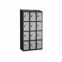 Nest of 3 Metal Storage Lockers | 4 Doors | 1780 x 305 x 380mm | Black Carcass | Silver Door | Cam Lock | Sloping Top | Probe