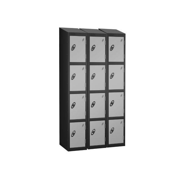 Nest of 3 Metal Storage Lockers | 4 Doors | 1780 x 305 x 380mm | Black Carcass | Silver Door | Cam Lock | Sloping Top | Probe