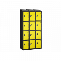 Nest of 3 Metal Storage Lockers | 4 Doors | 1780 x 305 x 380mm | Black Carcass | Lemon Door | Cam Lock | Sloping Top | Probe