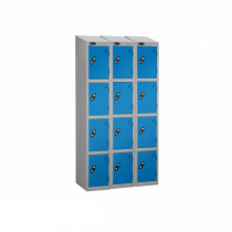 Nest of 3 Metal Storage Lockers | 4 Doors | 1780 x 305 x 380mm | Silver Carcass | Blue Door | Cam Lock | Sloping Top | Probe