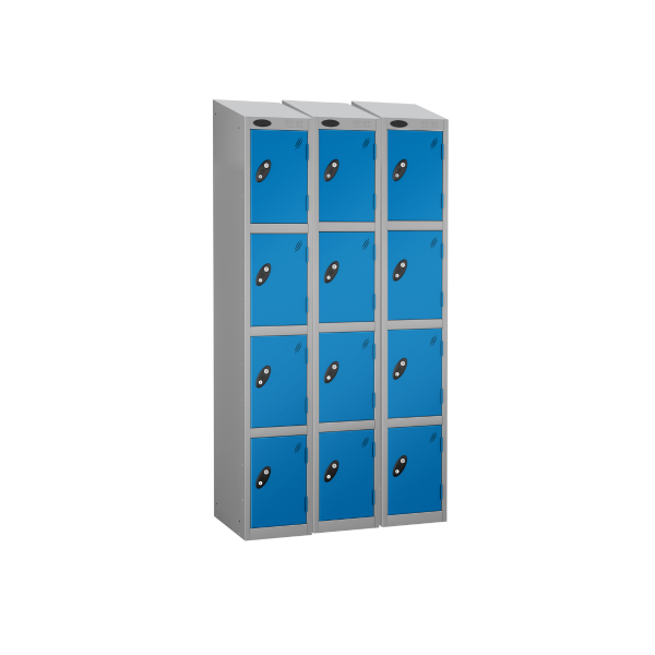 Nest of 3 Metal Storage Lockers | 4 Doors | 1780 x 305 x 380mm | Silver Carcass | Blue Door | Cam Lock | Sloping Top | Probe