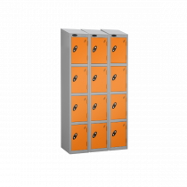 Nest of 3 Metal Storage Lockers | 4 Doors | 1780 x 305 x 380mm | Silver Carcass | Orange Door | Cam Lock | Sloping Top | Probe