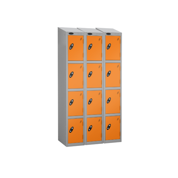 Nest of 3 Metal Storage Lockers | 4 Doors | 1780 x 305 x 380mm | Silver Carcass | Orange Door | Cam Lock | Sloping Top | Probe