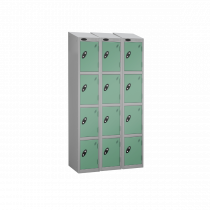 Nest of 3 Metal Storage Lockers | 4 Doors | 1780 x 305 x 380mm | Silver Carcass | Jade Door | Cam Lock | Sloping Top | Probe