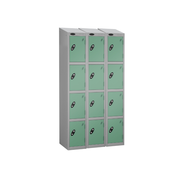 Nest of 3 Metal Storage Lockers | 4 Doors | 1780 x 305 x 380mm | Silver Carcass | Jade Door | Cam Lock | Sloping Top | Probe