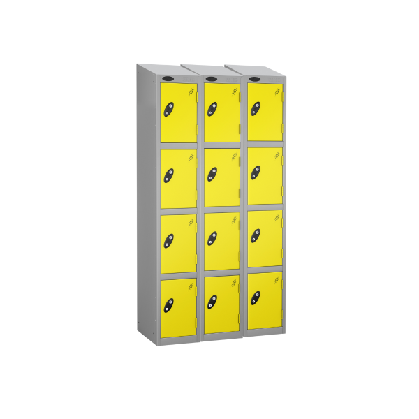 Nest of 3 Metal Storage Lockers | 4 Doors | 1780 x 305 x 380mm | Silver Carcass | Lemon Door | Cam Lock | Sloping Top | Probe