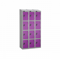 Nest of 3 Metal Storage Lockers | 4 Doors | 1780 x 305 x 380mm | Silver Carcass | Lilac Door | Cam Lock | Sloping Top | Probe