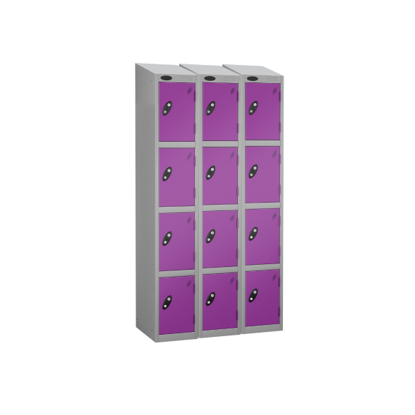 Nest of 3 Metal Storage Lockers | 4 Doors | 1780 x 305 x 380mm | Silver Carcass | Lilac Door | Cam Lock | Sloping Top | Probe