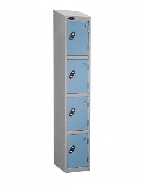 Single Metal Storage Locker | 4 Doors | 1780 x 305 x 460mm | Silver Carcass | Ocean Door | Cam Lock | Sloping Top | Probe