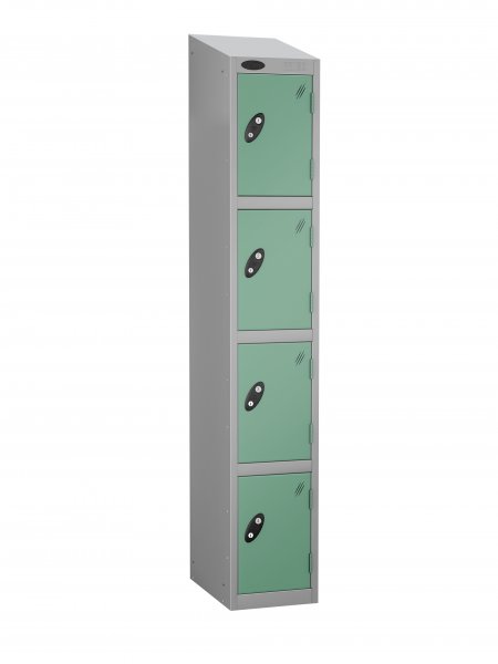 Single Metal Storage Locker | 4 Doors | 1780 x 305 x 460mm | Silver Carcass | Jade Door | Cam Lock | Sloping Top | Probe