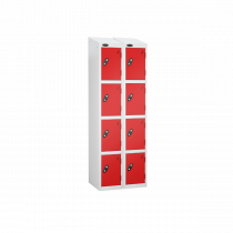 Nest of 2 Metal Storage Lockers | 4 Doors | 1780 x 305 x 460mm | White Carcass | Red Door | Cam Lock | Sloping Top | Probe