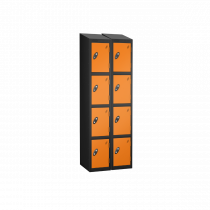 Nest of 2 Metal Storage Lockers | 4 Doors | 1780 x 305 x 460mm | Black Carcass | Orange Door | Cam Lock | Sloping Top | Probe