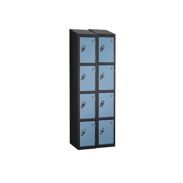 Nest of 2 Metal Storage Lockers | 4 Doors | 1780 x 305 x 460mm | Black Carcass | Ocean Door | Cam Lock | Sloping Top | Probe