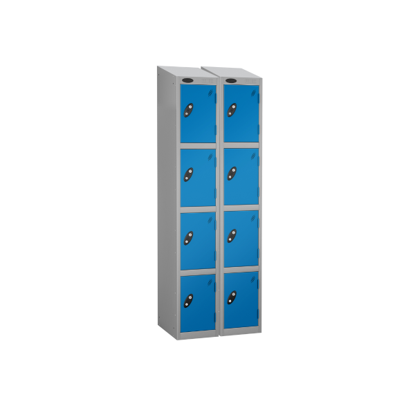 Nest of 2 Metal Storage Lockers | 4 Doors | 1780 x 380 x 380mm | Silver Carcass | Blue Door | Cam Lock | Sloping Top | Probe