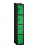 Single Metal Storage Locker | 4 Doors | 1780 x 380 x 460mm | Black Carcass | Green Door | Cam Lock | Sloping Top | Probe